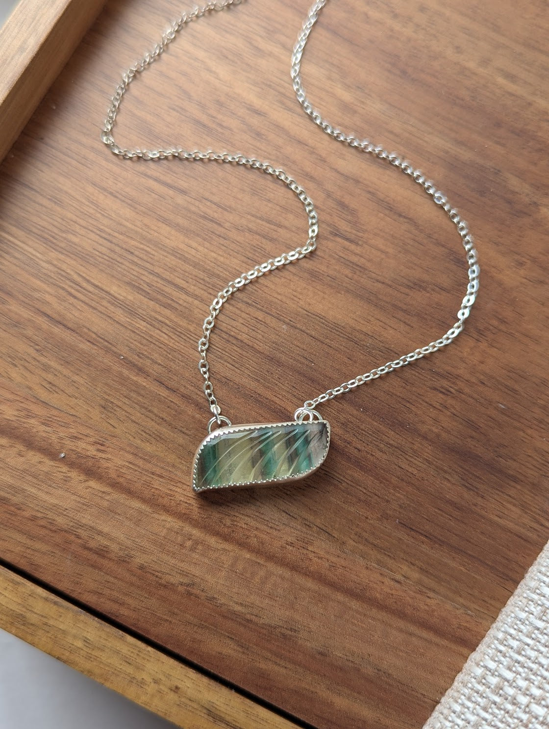 Carved Rainbow Fluorite Wave Sterling Silver Necklace