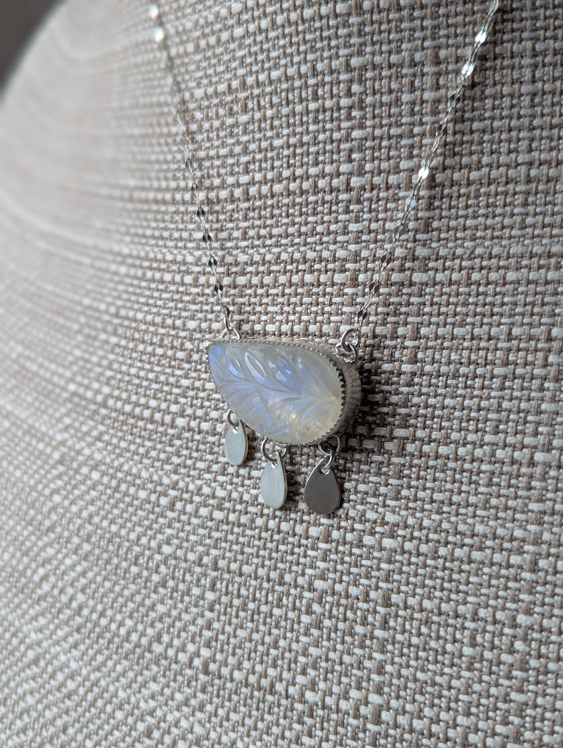 Carved Leaf Moonstone Fringe Sterling Silver Necklace