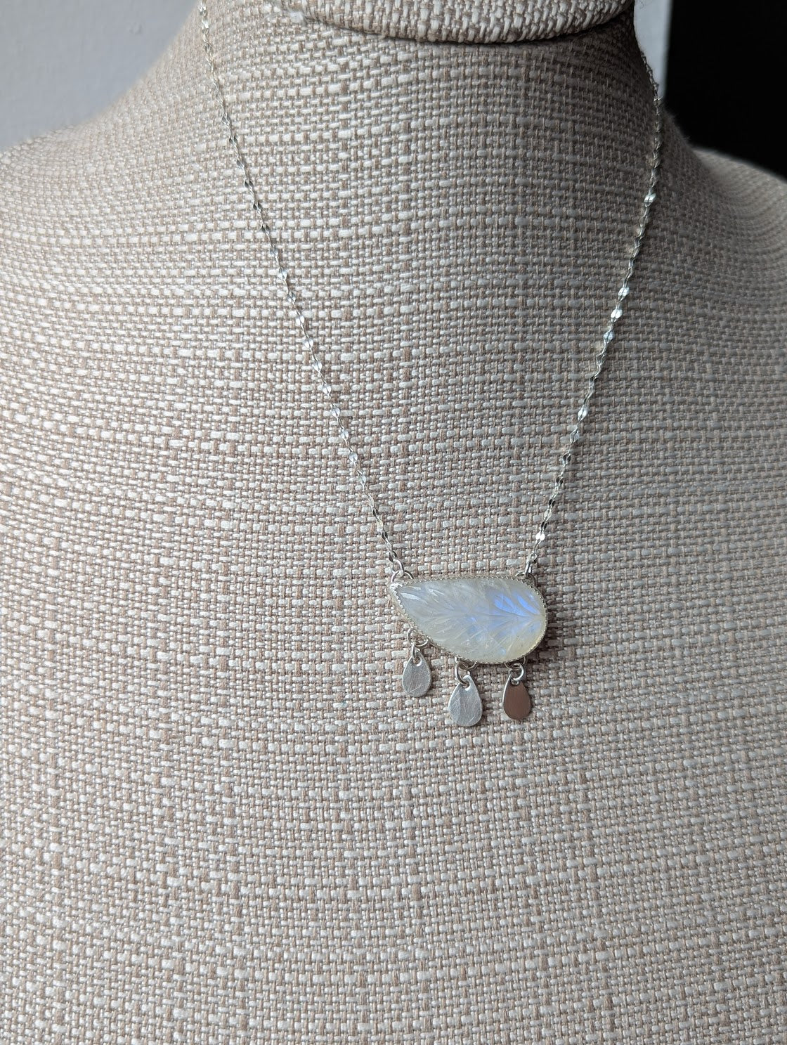 Carved Leaf Moonstone Fringe Sterling Silver Necklace