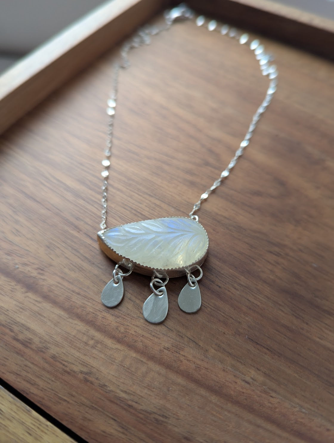Carved Leaf Moonstone Fringe Sterling Silver Necklace