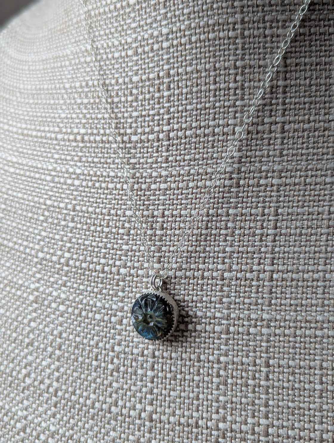Carved Round Flower Labradorite Sterling Silver Necklace