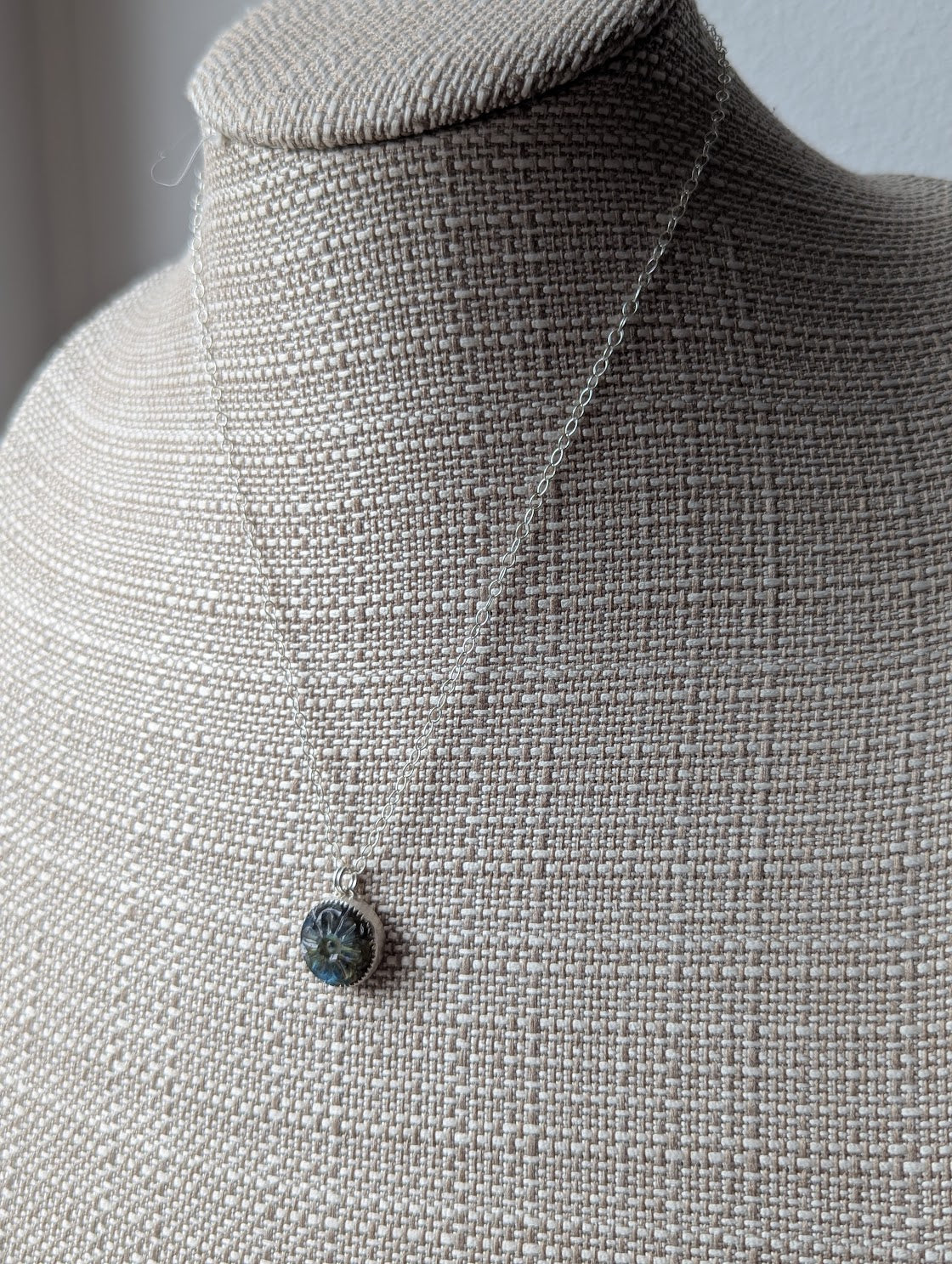 Carved Round Flower Labradorite Sterling Silver Necklace