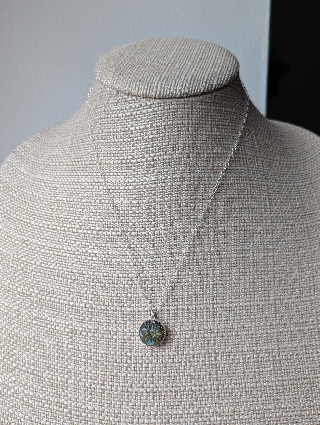 Carved Round Flower Labradorite Sterling Silver Necklace