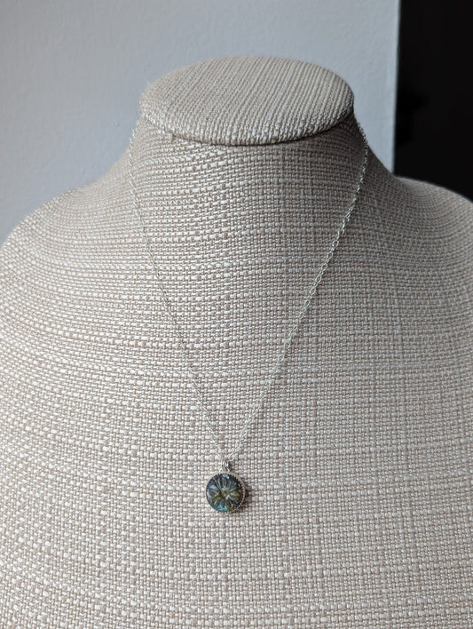 Carved Round Flower Labradorite Sterling Silver Necklace