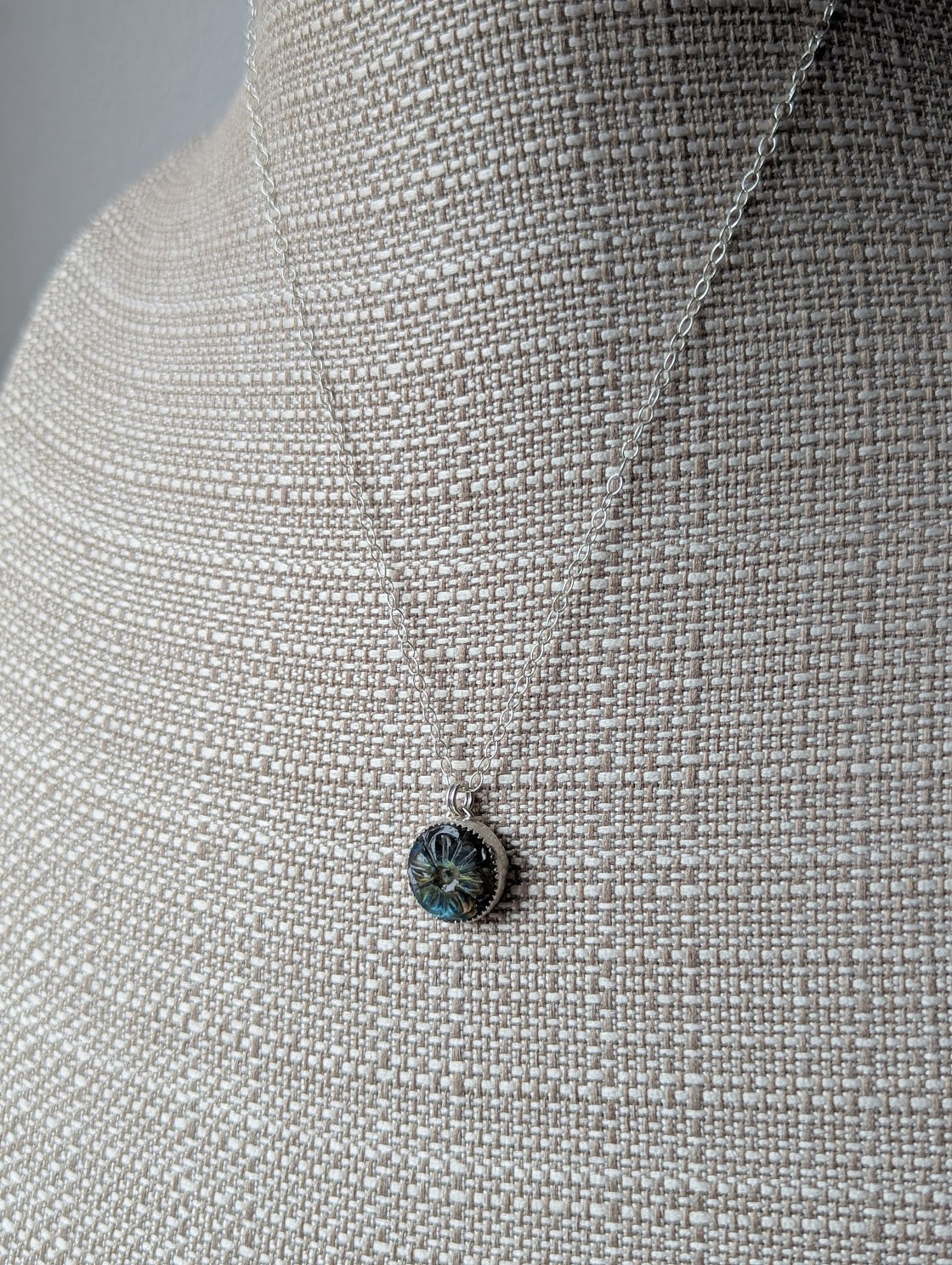 Carved Round Flower Labradorite Sterling Silver Necklace