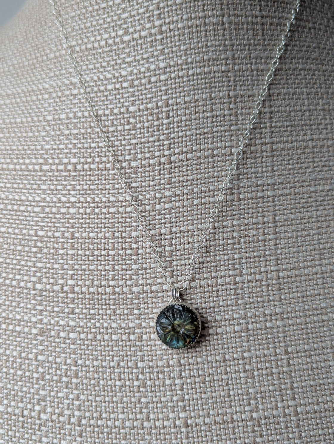 Carved Round Flower Labradorite Sterling Silver Necklace