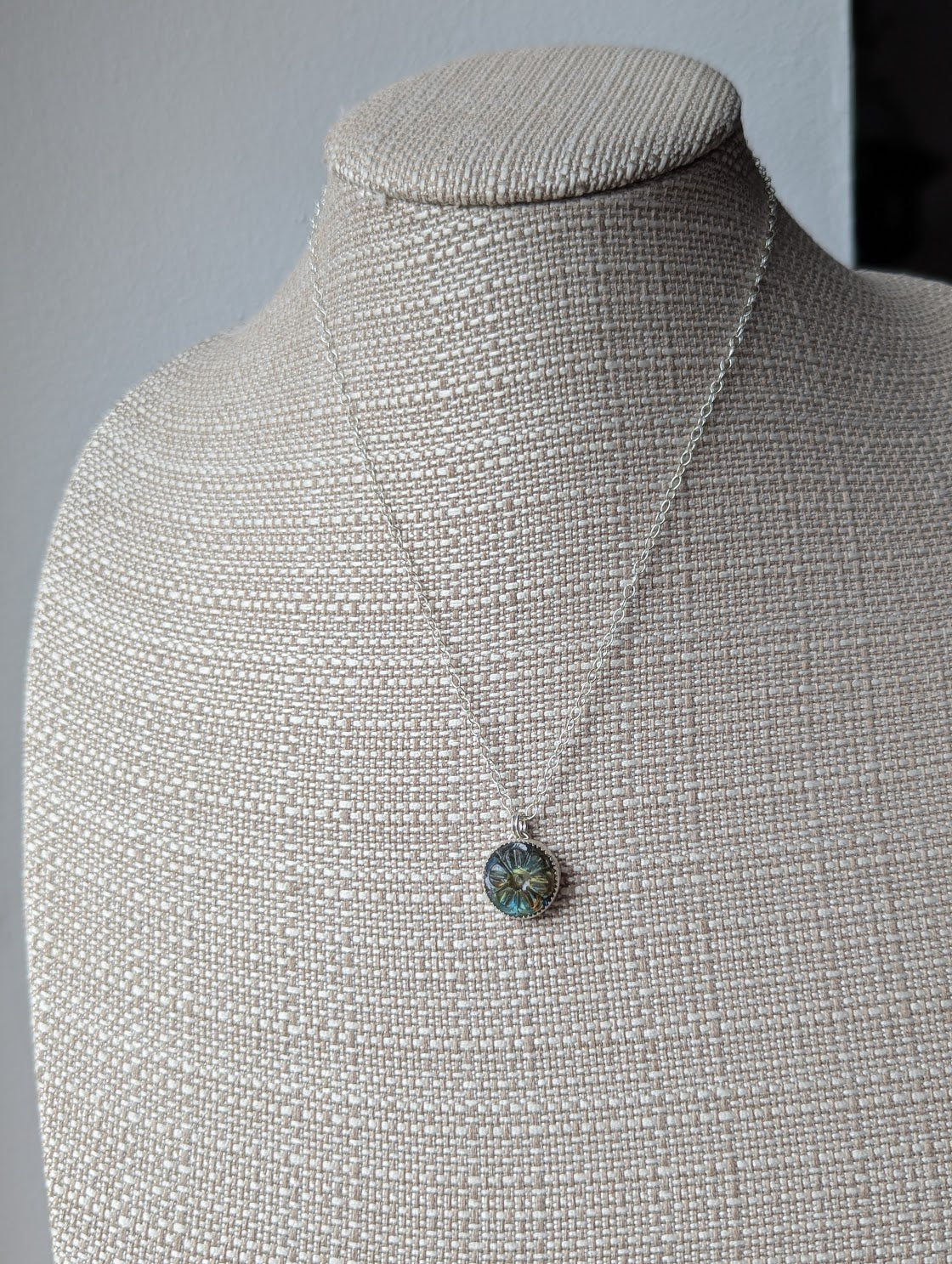 Carved Round Flower Labradorite Sterling Silver Necklace