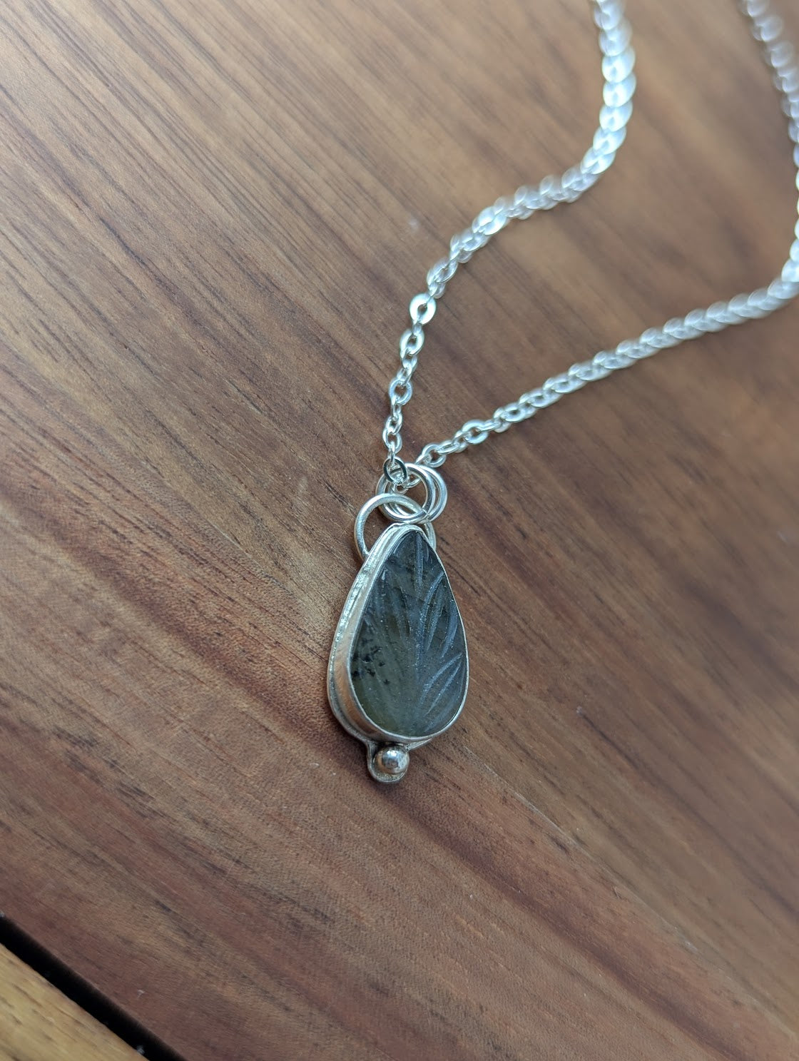 Carved Labradorite Leaf Sterling Silver Necklace