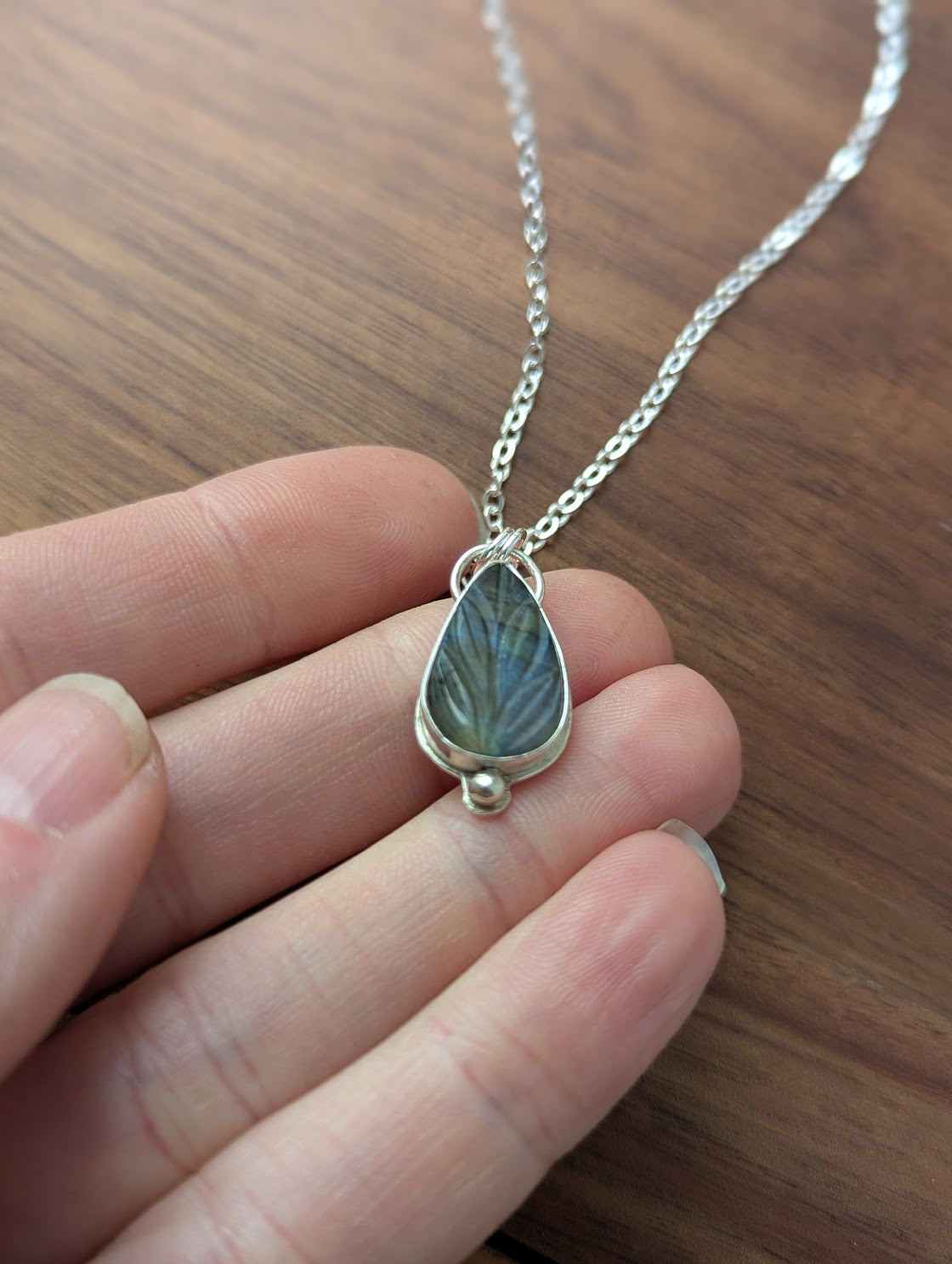 Carved Labradorite Leaf Sterling Silver Necklace