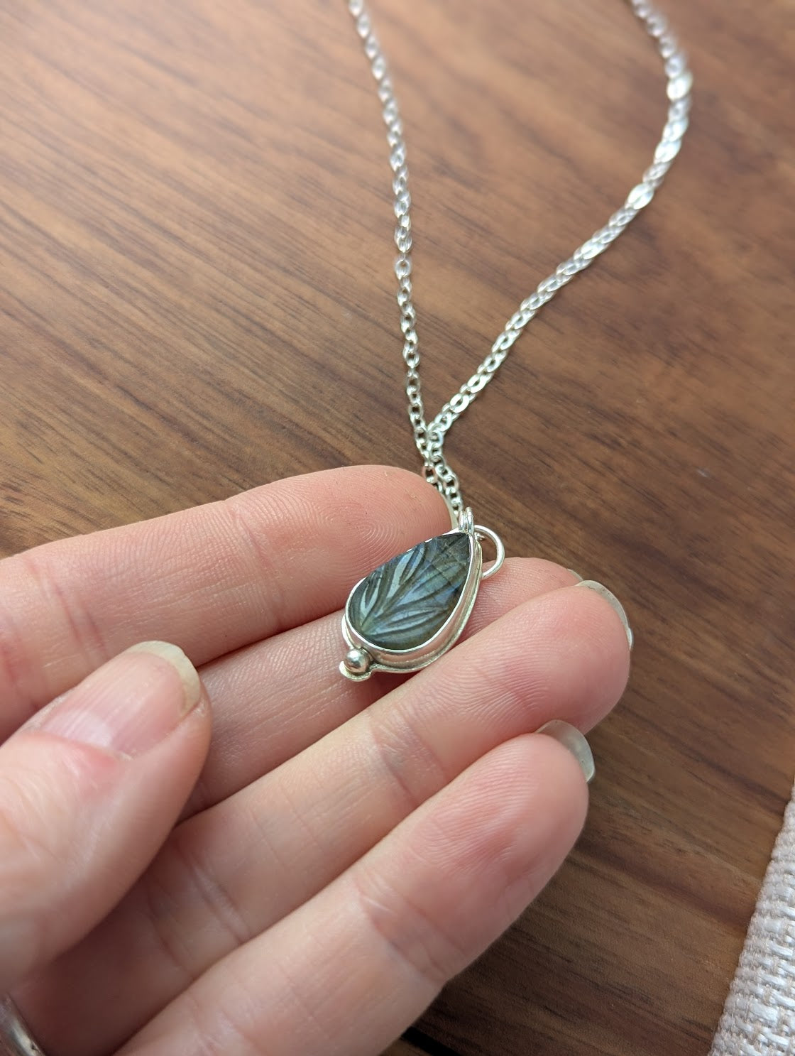 Carved Labradorite Leaf Sterling Silver Necklace