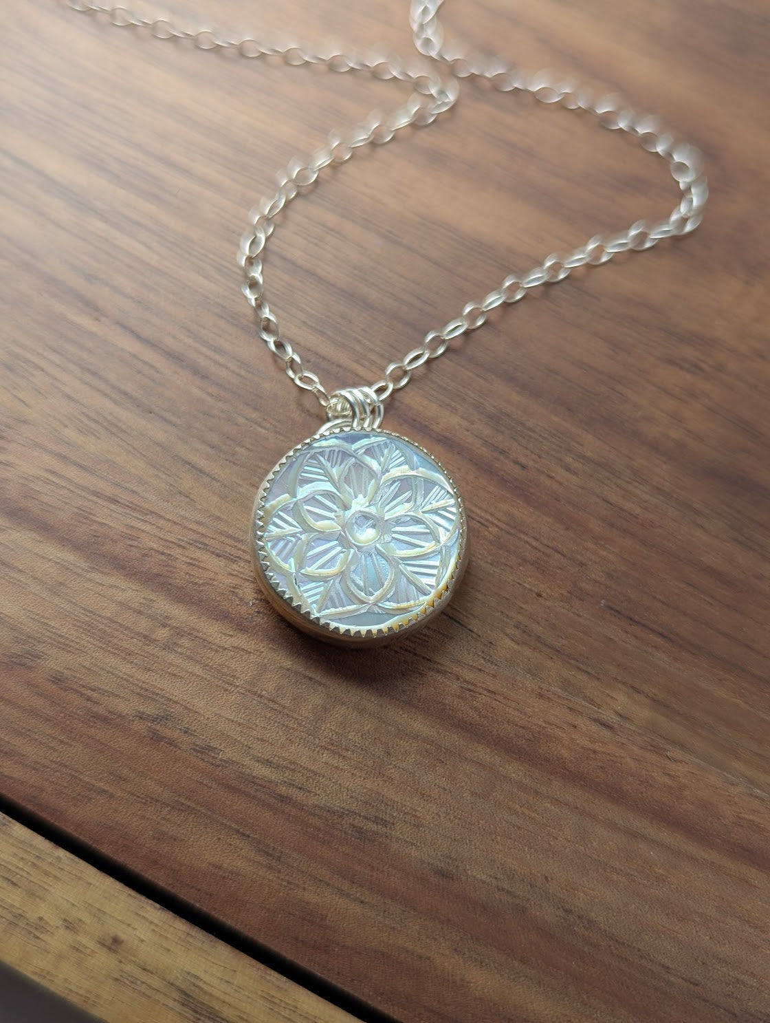 Carved Mother of Pearl Floral Mandala Sterling Silver Necklace