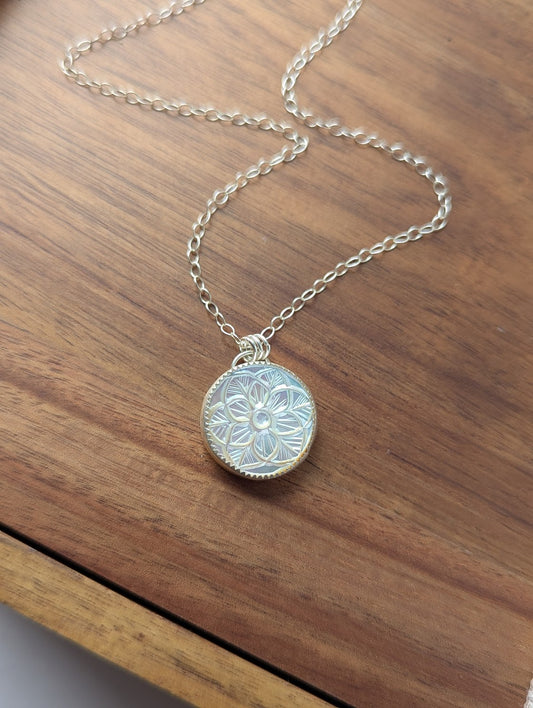 Carved Mother of Pearl Floral Mandala Sterling Silver Necklace