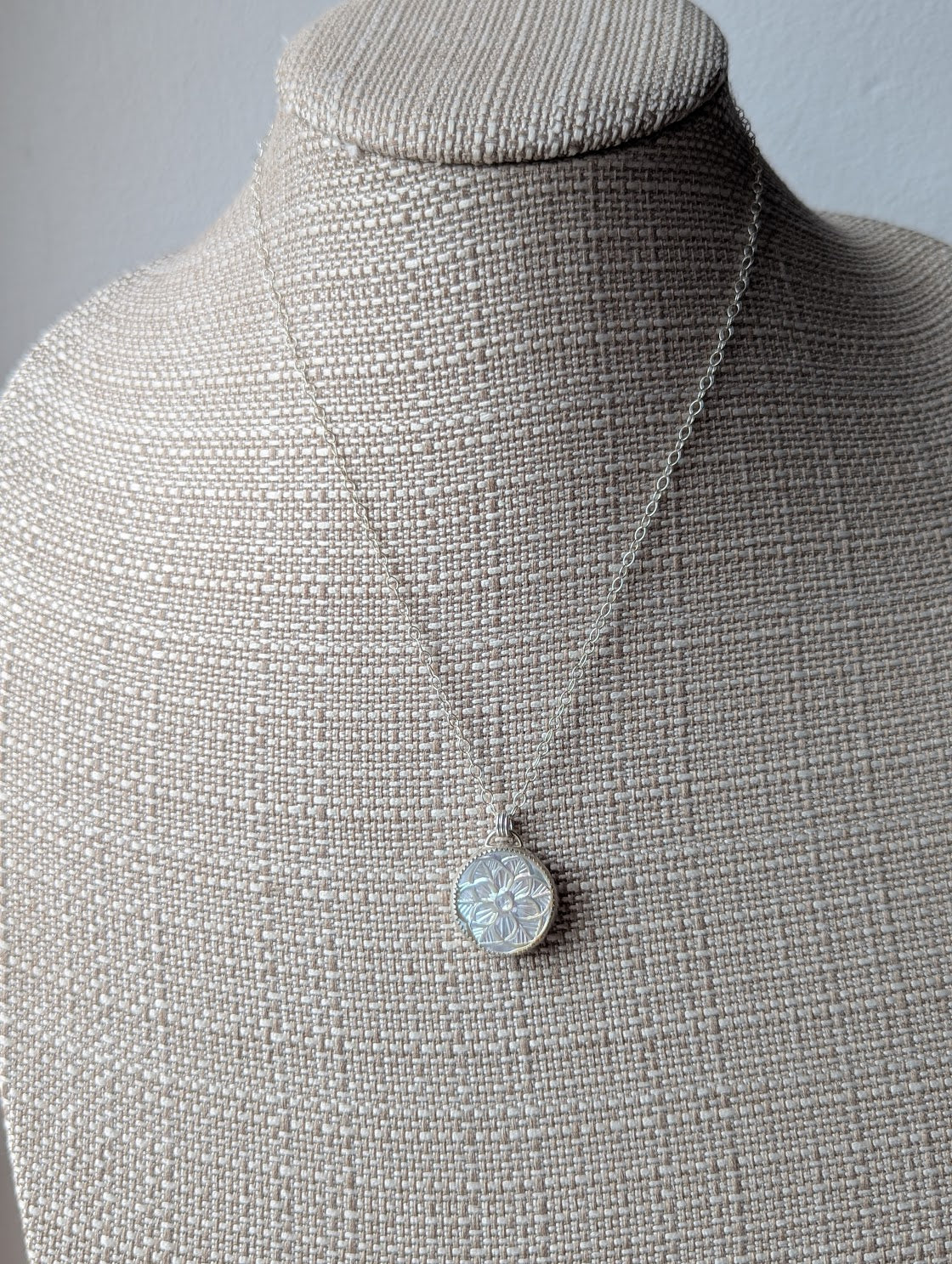 Carved Mother of Pearl Floral Mandala Sterling Silver Necklace