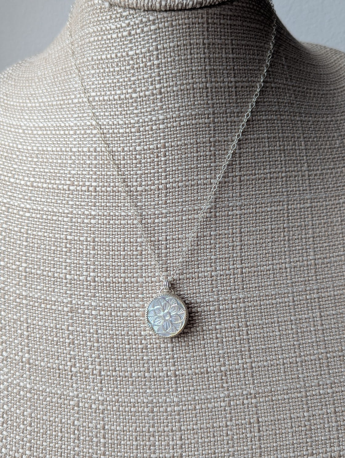 Carved Mother of Pearl Floral Mandala Sterling Silver Necklace