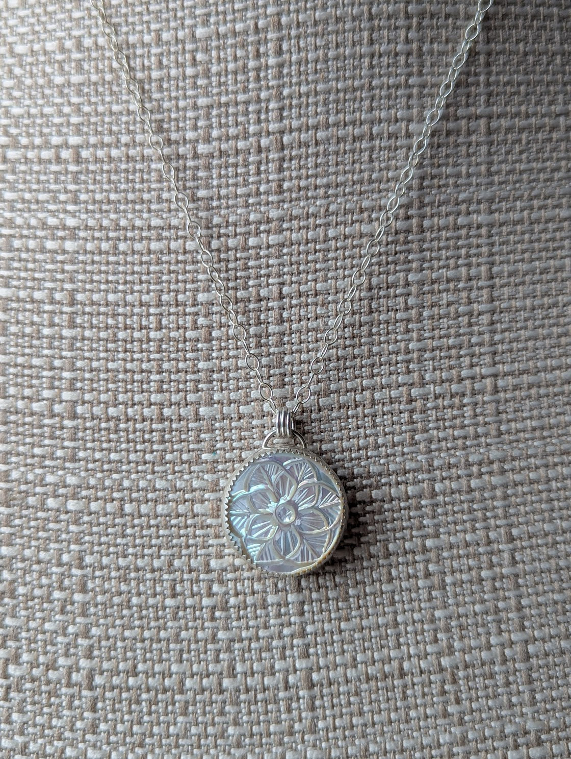 Carved Mother of Pearl Floral Mandala Sterling Silver Necklace