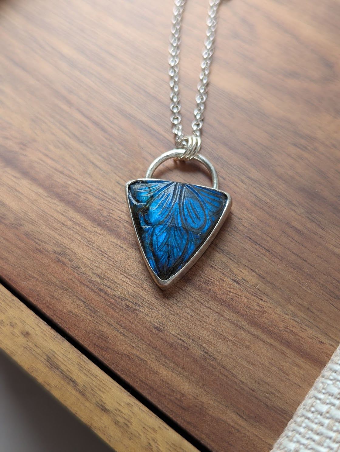 Carved Labradorite Shield Full Circle Sterling Silver Necklace