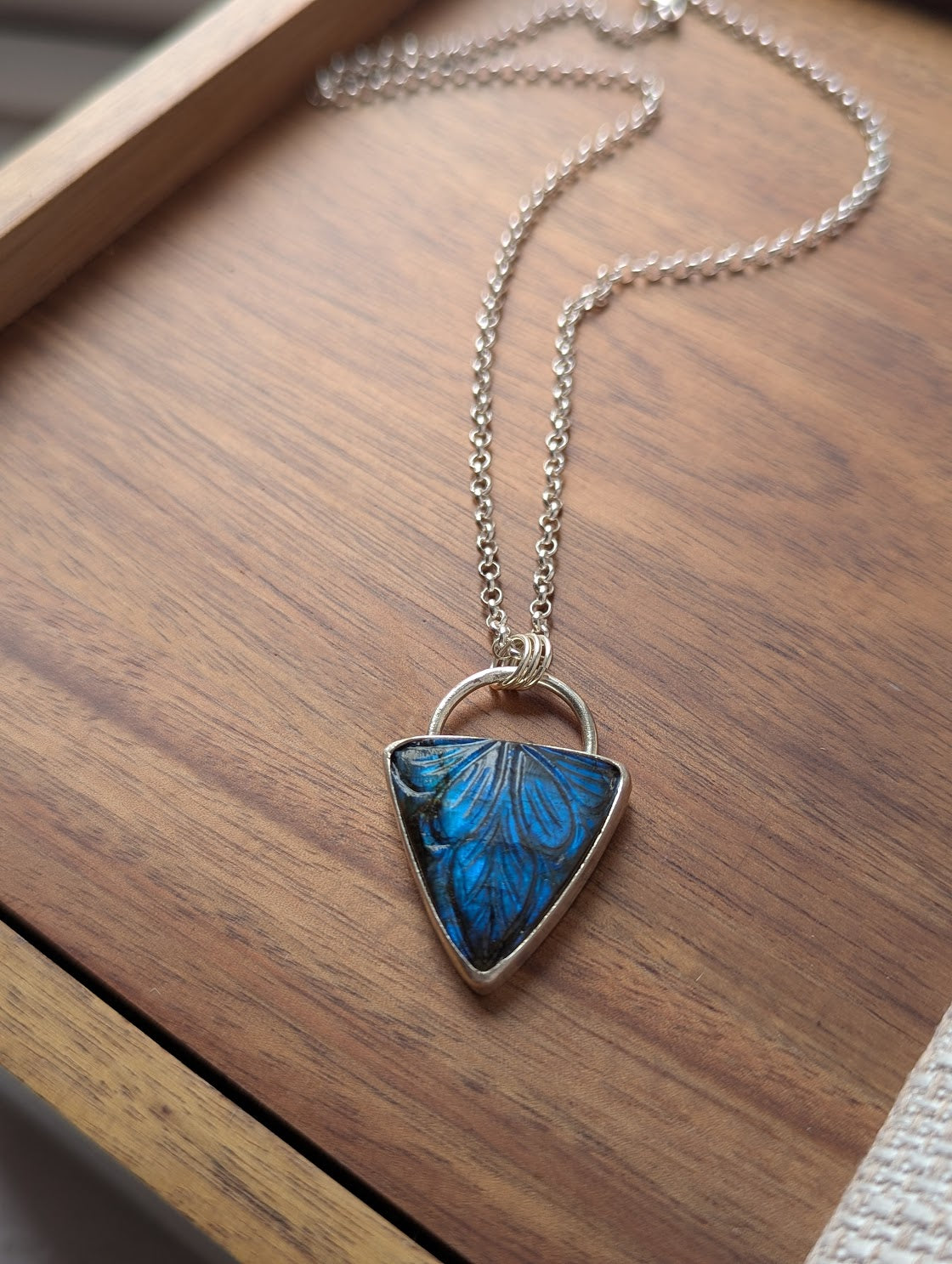 Carved Labradorite Shield Full Circle Sterling Silver Necklace