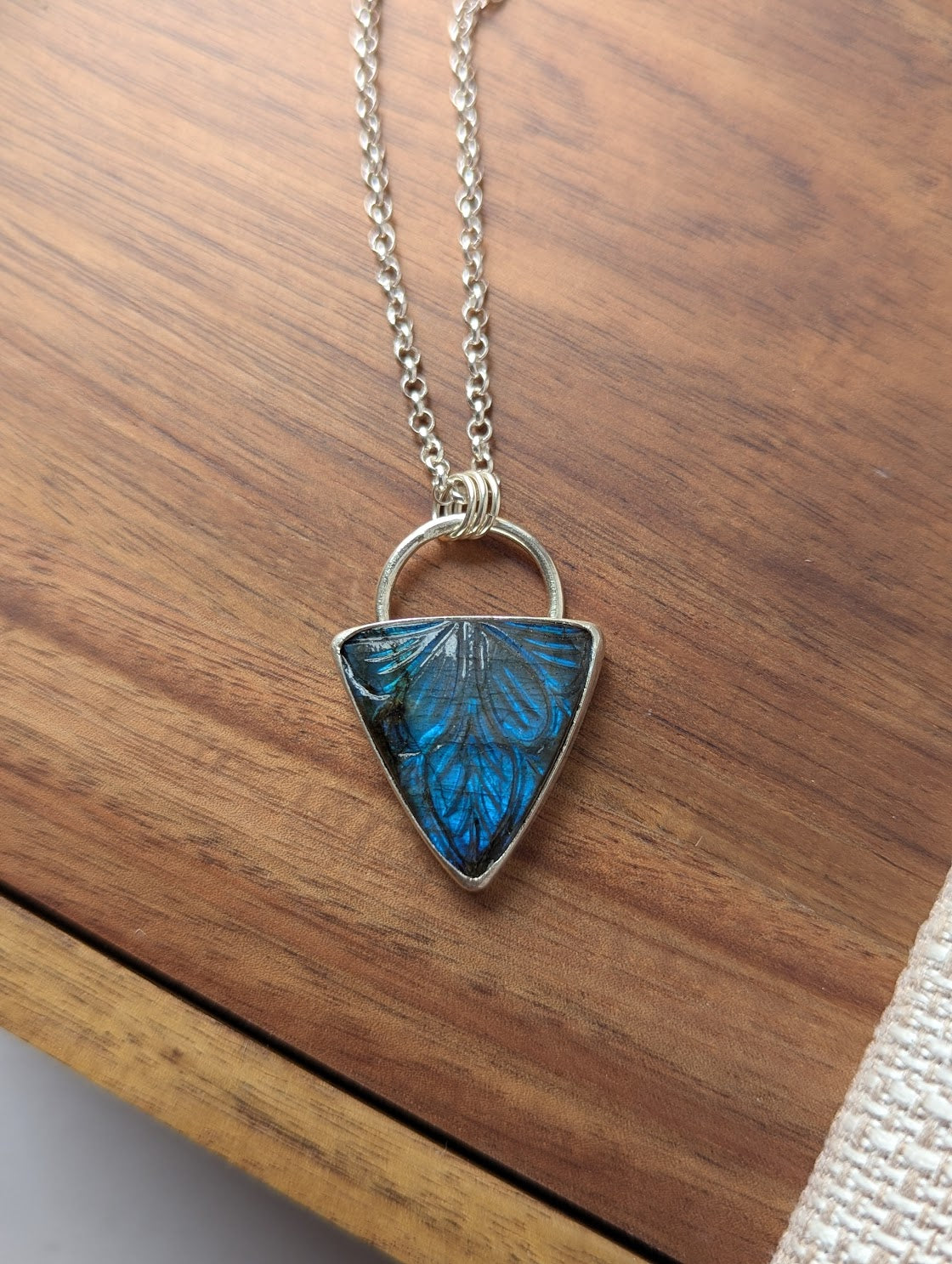 Carved Labradorite Shield Full Circle Sterling Silver Necklace