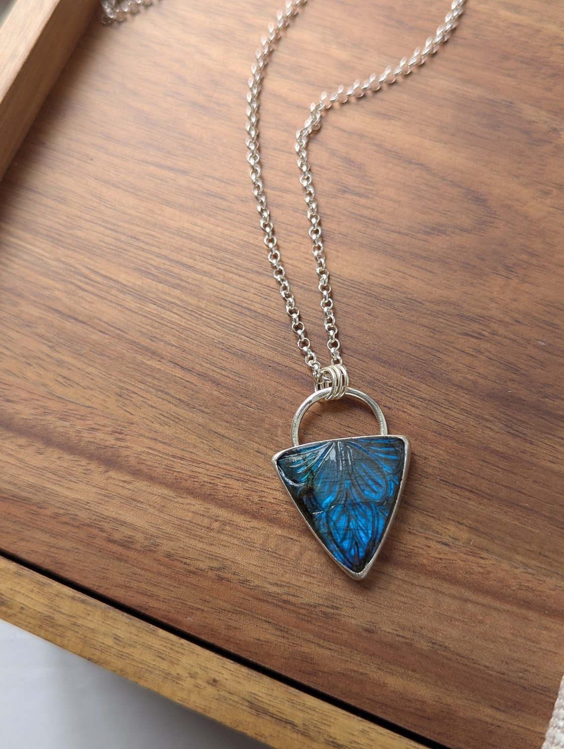 Carved Labradorite Shield Full Circle Sterling Silver Necklace