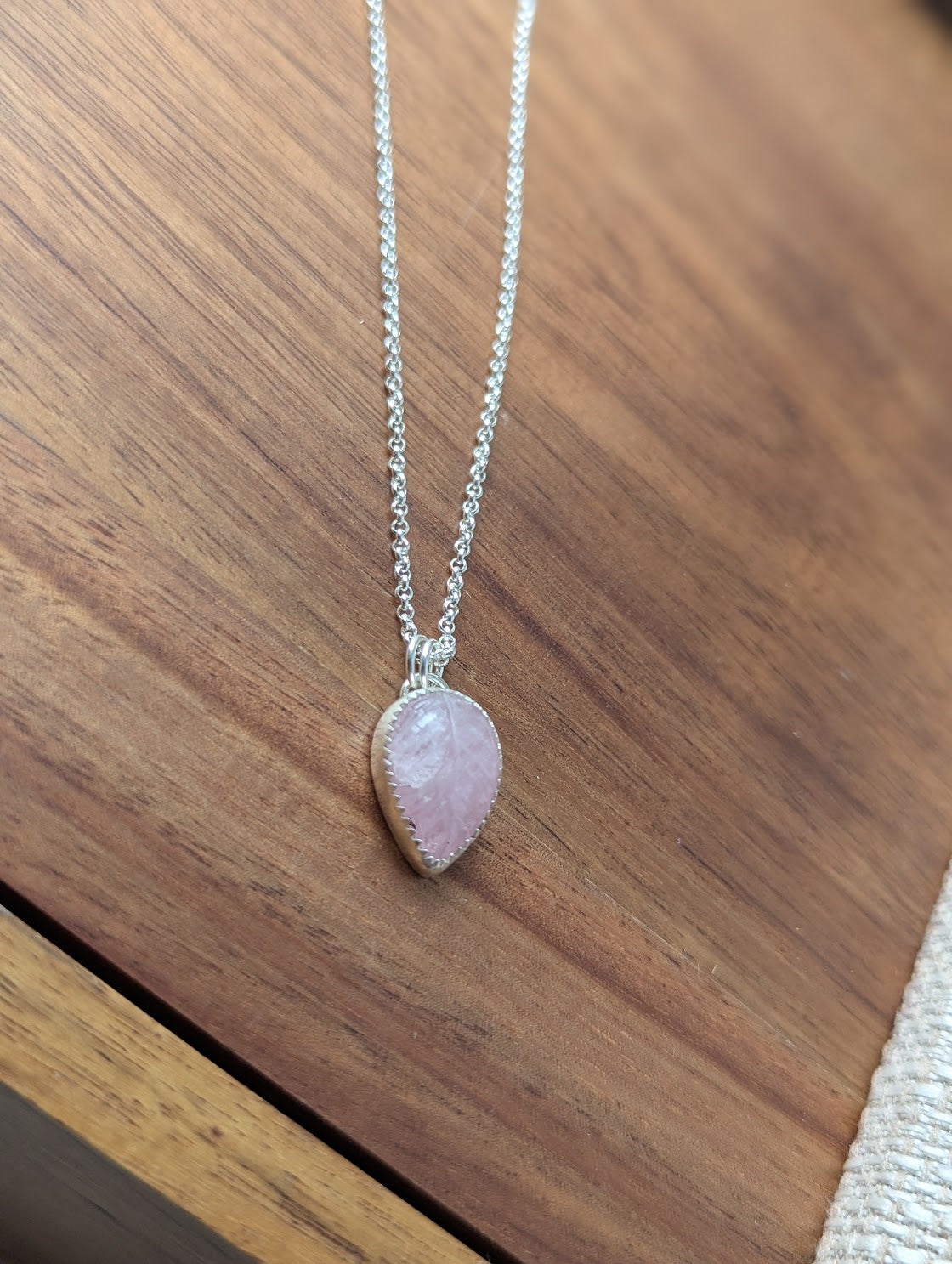 Carved Leafy Rose Quartz Sterling Silver Necklace