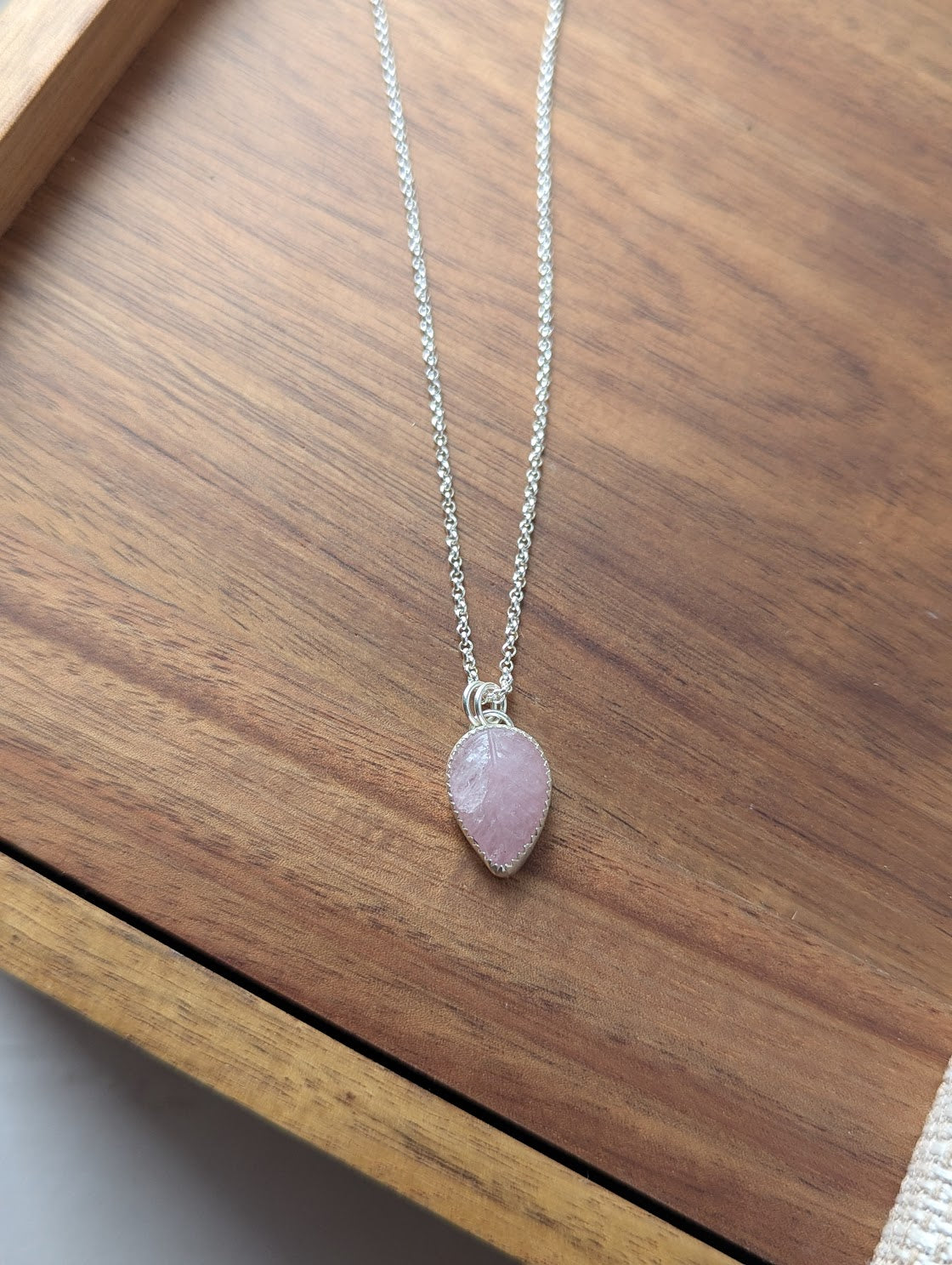 Carved Leafy Rose Quartz Sterling Silver Necklace