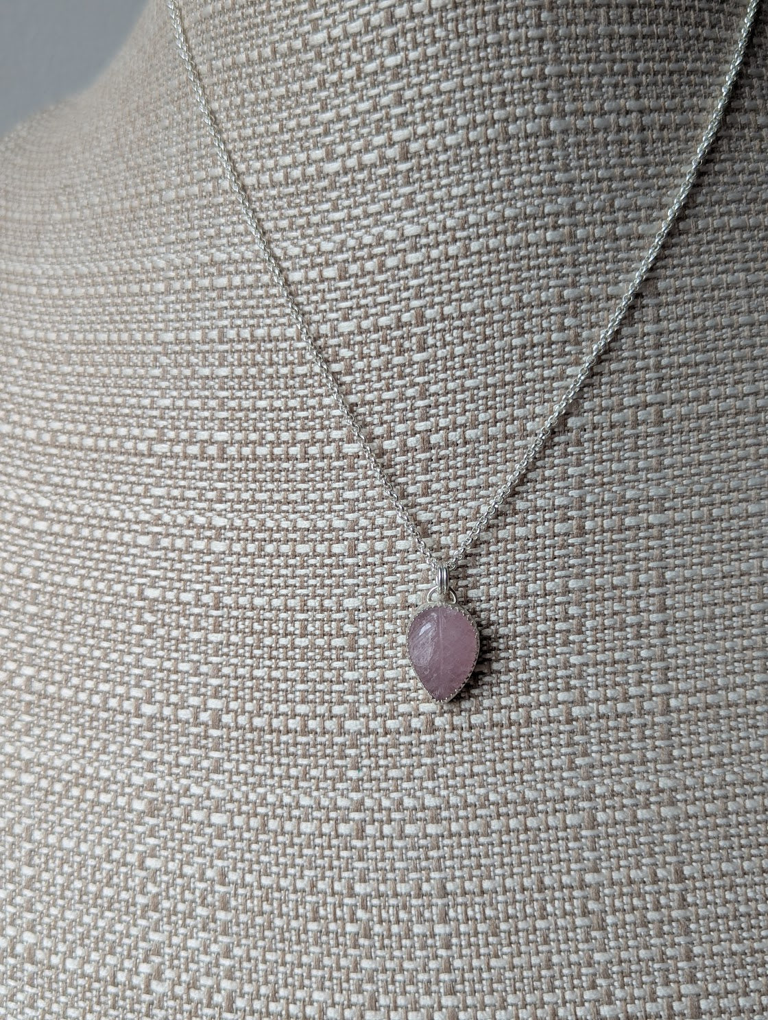 Carved Leafy Rose Quartz Sterling Silver Necklace