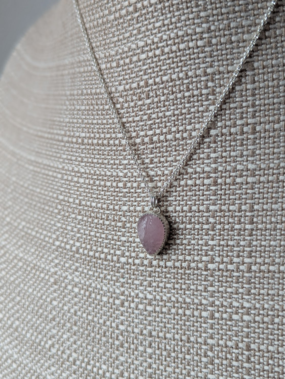 Carved Leafy Rose Quartz Sterling Silver Necklace