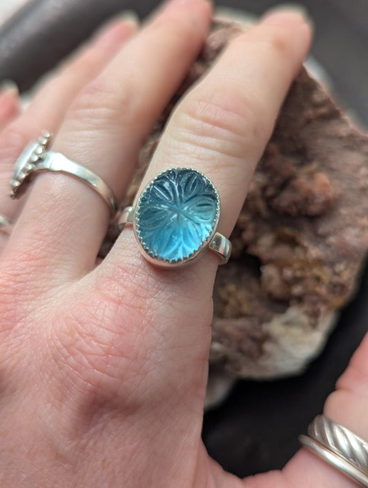 Carved Flower Blue-Green Fluorite Sterling Silver Ring - Size 7