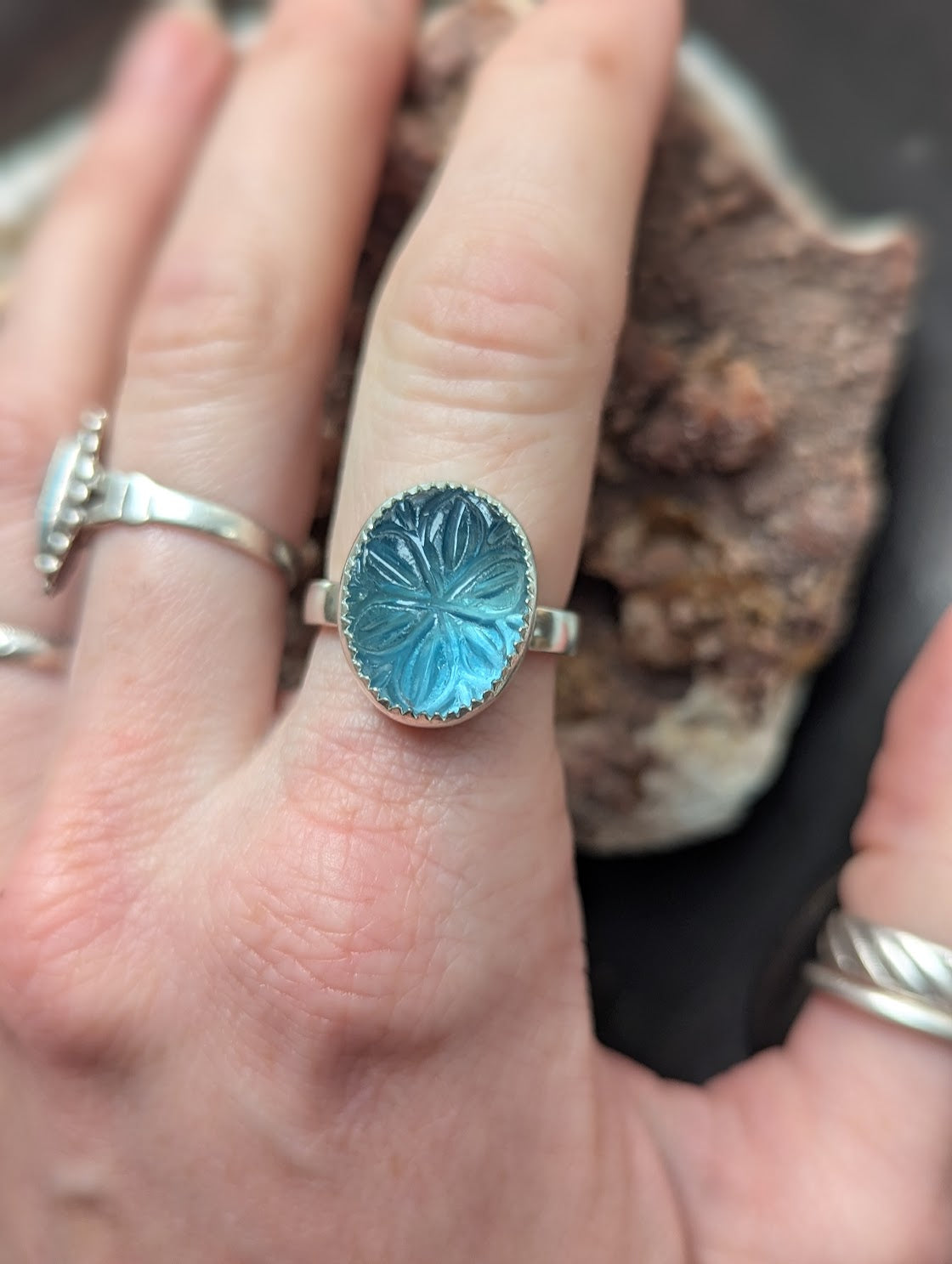 Carved Flower Blue-Green Fluorite Sterling Silver Ring - Size 7