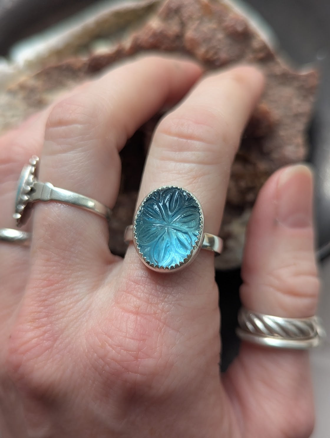 Carved Flower Blue-Green Fluorite Sterling Silver Ring - Size 7