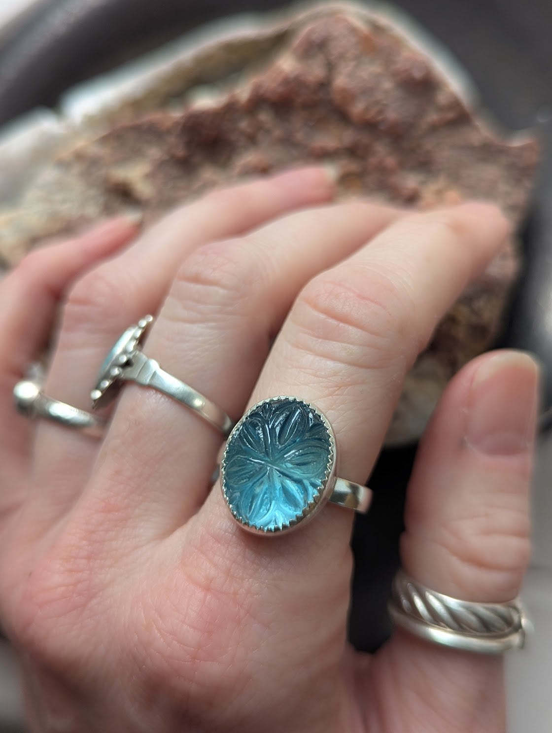 Carved Flower Blue-Green Fluorite Sterling Silver Ring - Size 7
