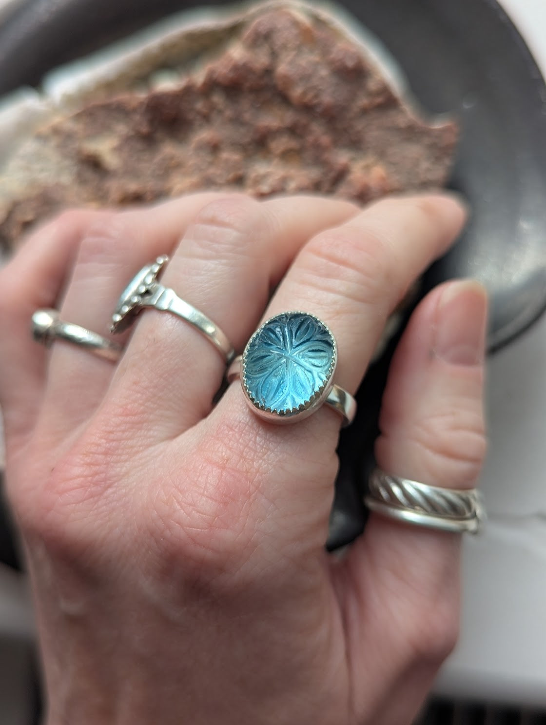 Carved Flower Blue-Green Fluorite Sterling Silver Ring - Size 7