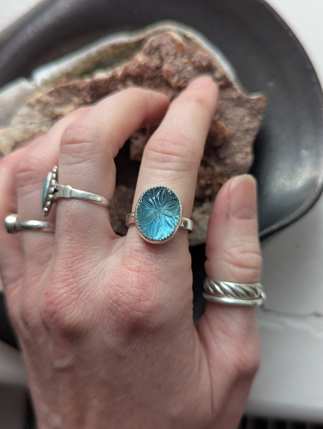 Carved Flower Blue-Green Fluorite Sterling Silver Ring - Size 7
