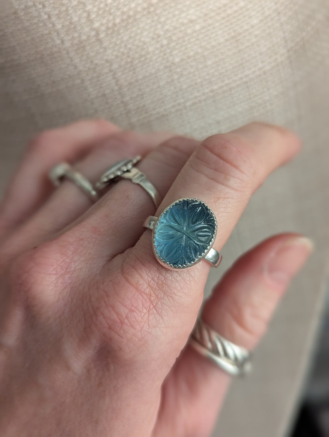 Carved Flower Blue-Green Fluorite Sterling Silver Ring - Size 7