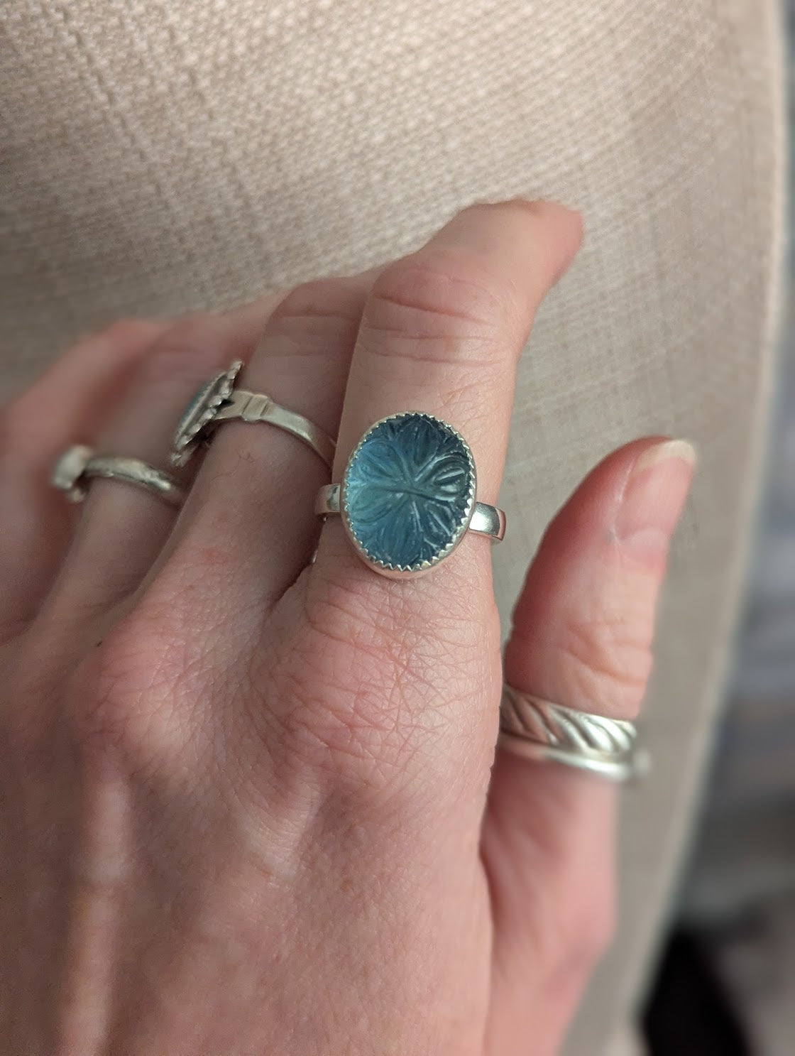 Carved Flower Blue-Green Fluorite Sterling Silver Ring - Size 7