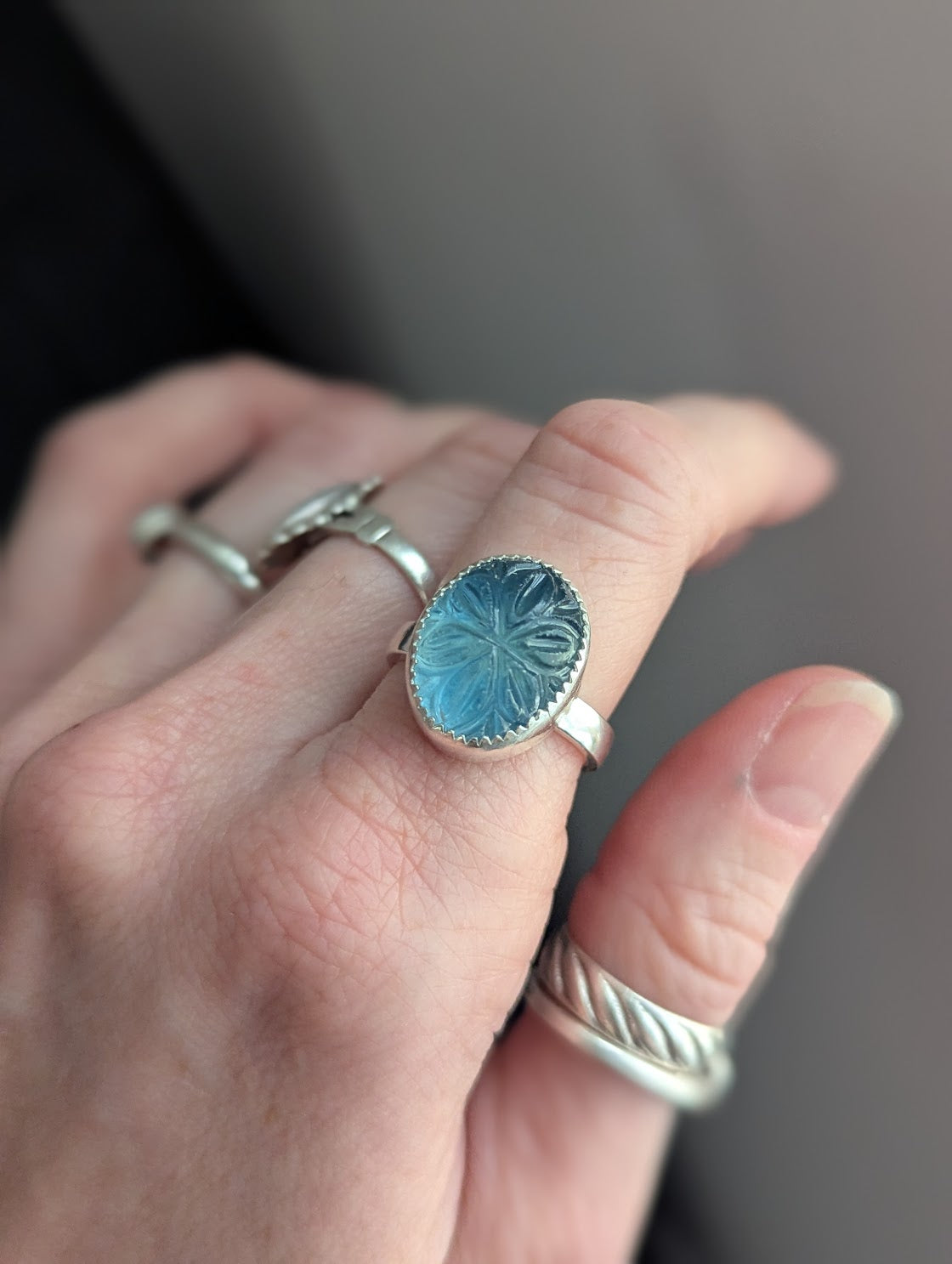 Carved Flower Blue-Green Fluorite Sterling Silver Ring - Size 7
