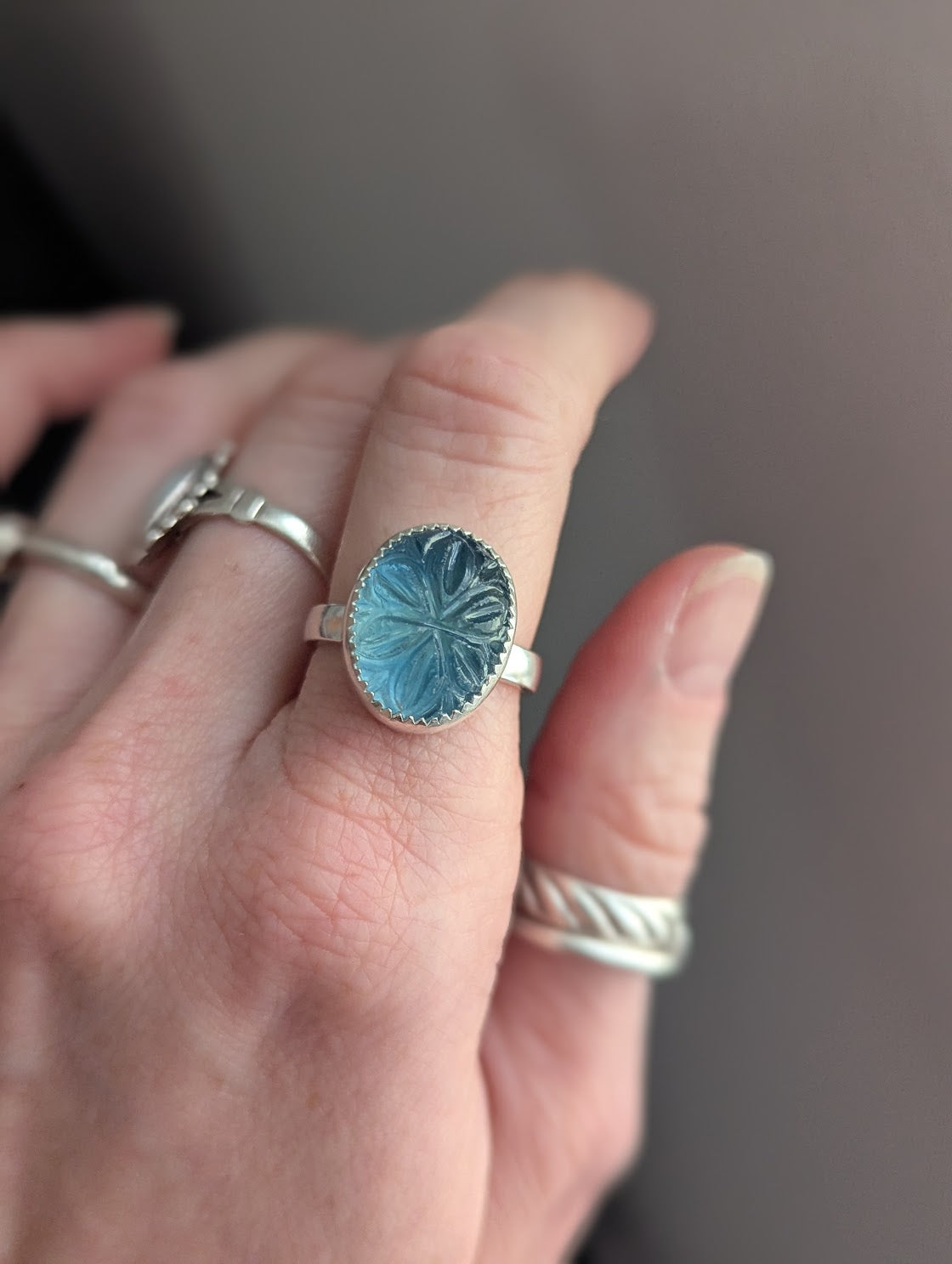 Carved Flower Blue-Green Fluorite Sterling Silver Ring - Size 7