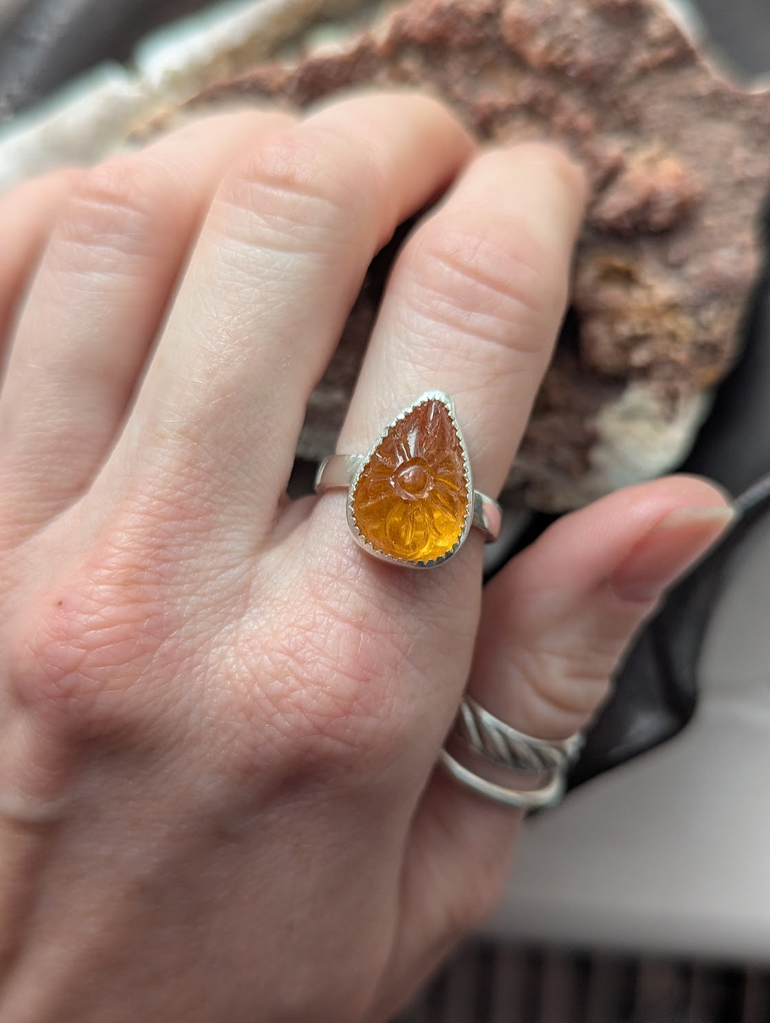 Carved Flower Citrine Tear Drop Sterling Silver Ring - Size 7