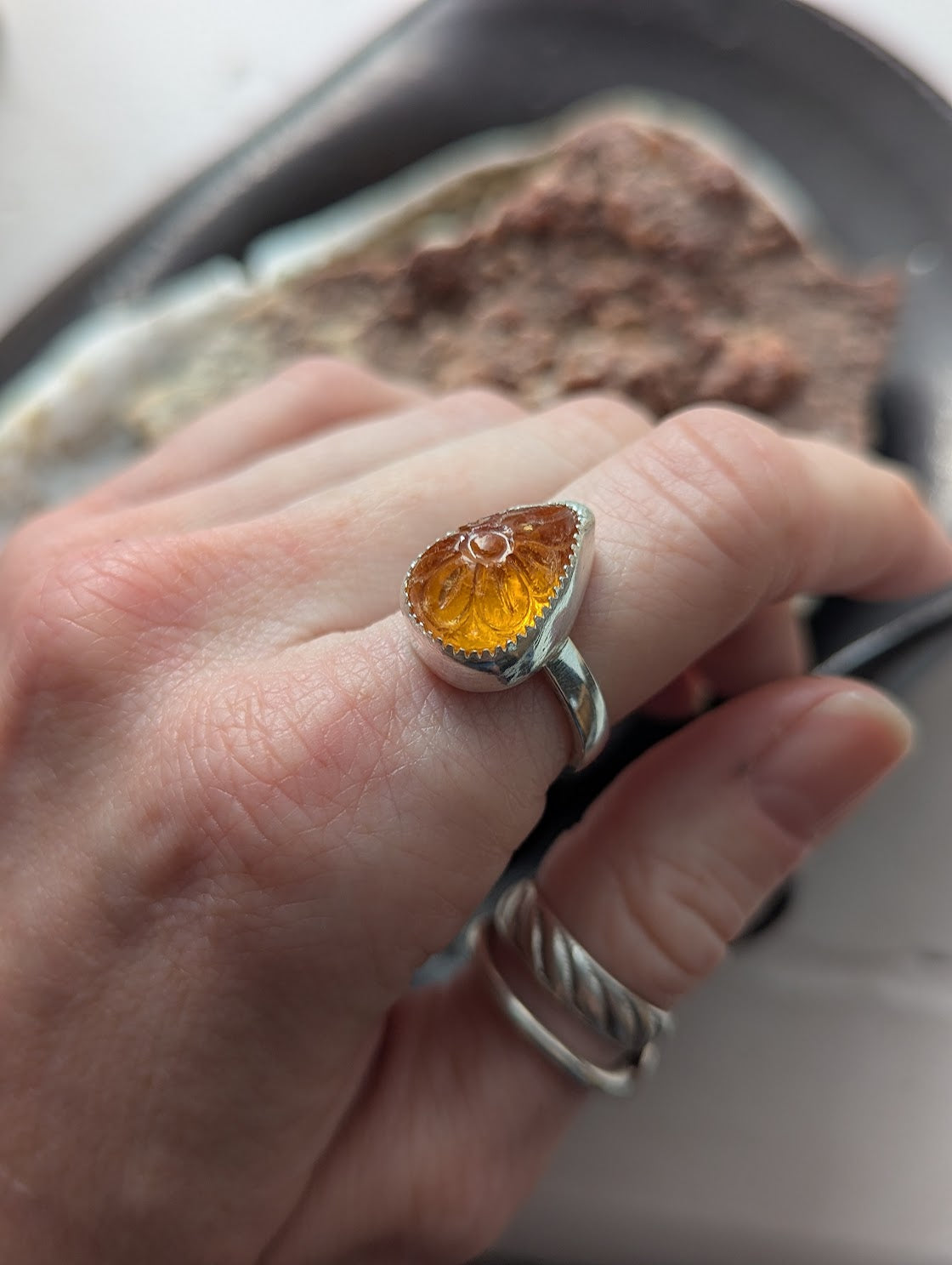 Carved Flower Citrine Tear Drop Sterling Silver Ring - Size 7