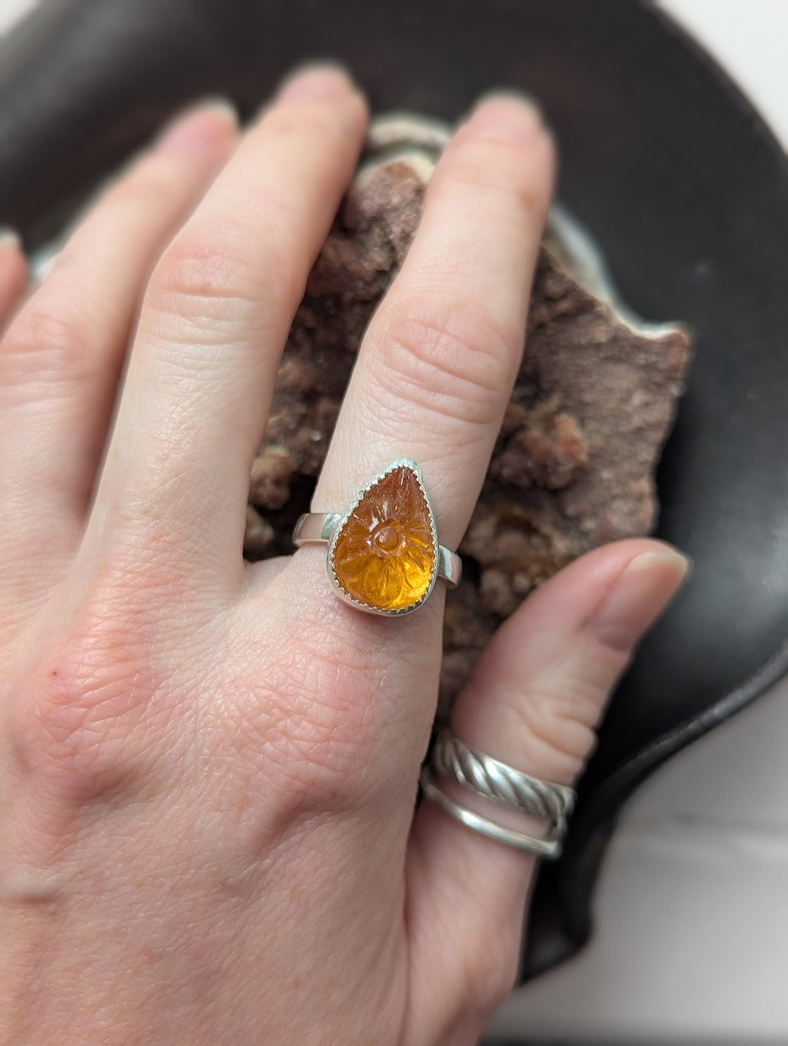 Carved Flower Citrine Tear Drop Sterling Silver Ring - Size 7