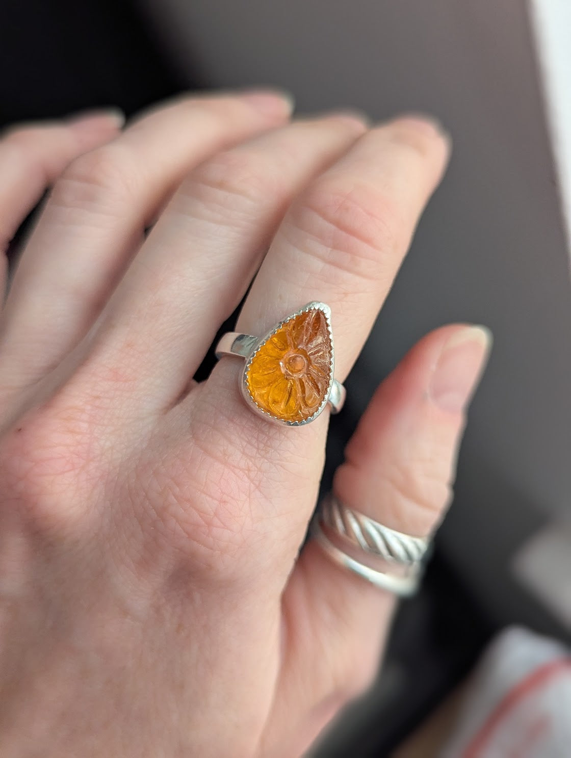 Carved Flower Citrine Tear Drop Sterling Silver Ring - Size 7