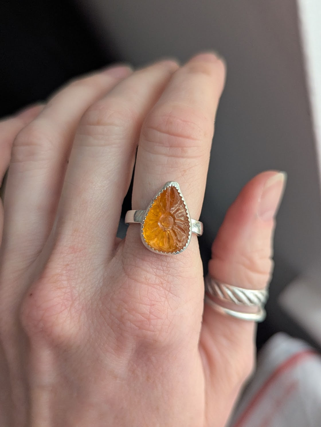 Carved Flower Citrine Tear Drop Sterling Silver Ring - Size 7