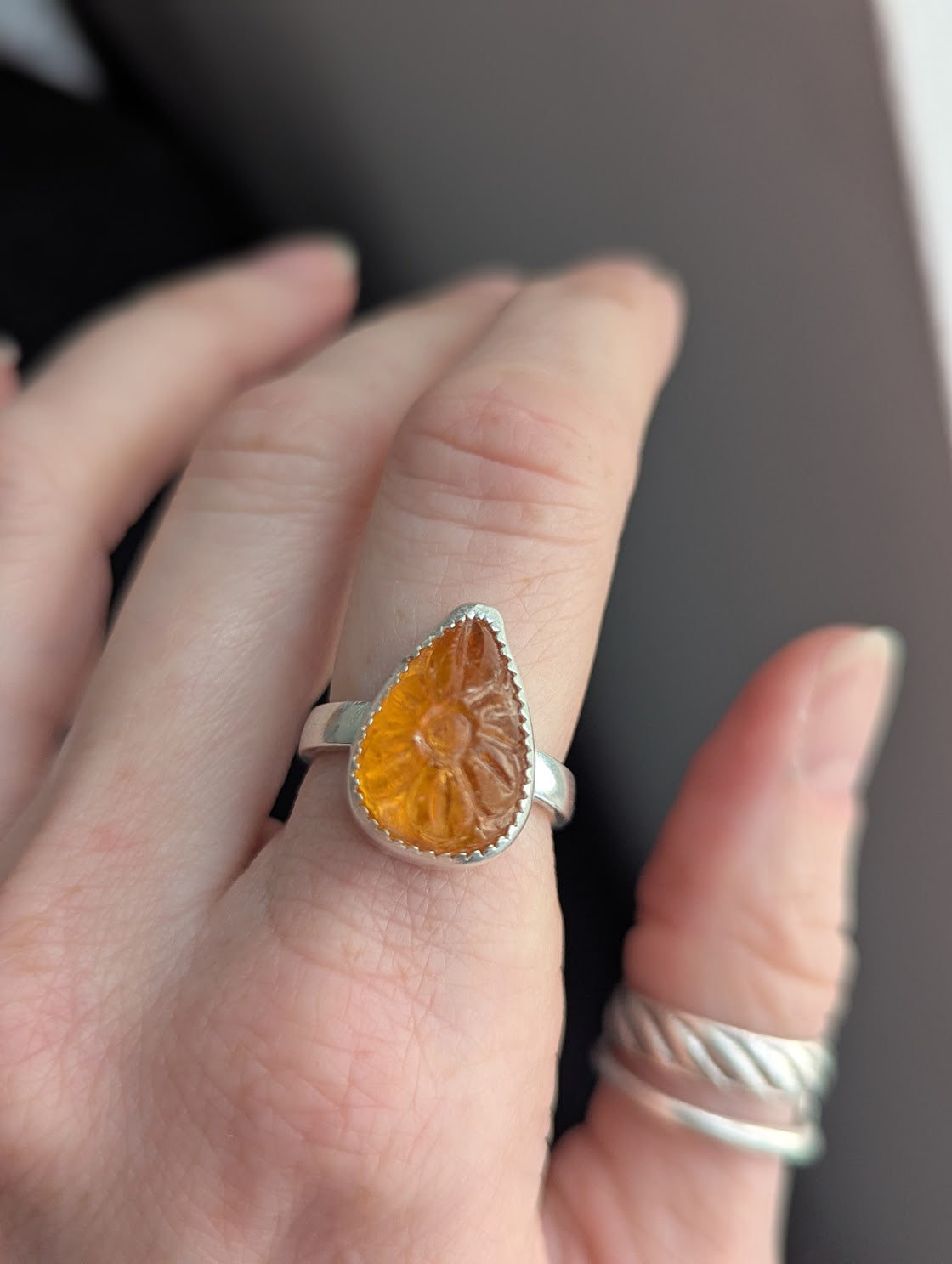 Carved Flower Citrine Tear Drop Sterling Silver Ring - Size 7