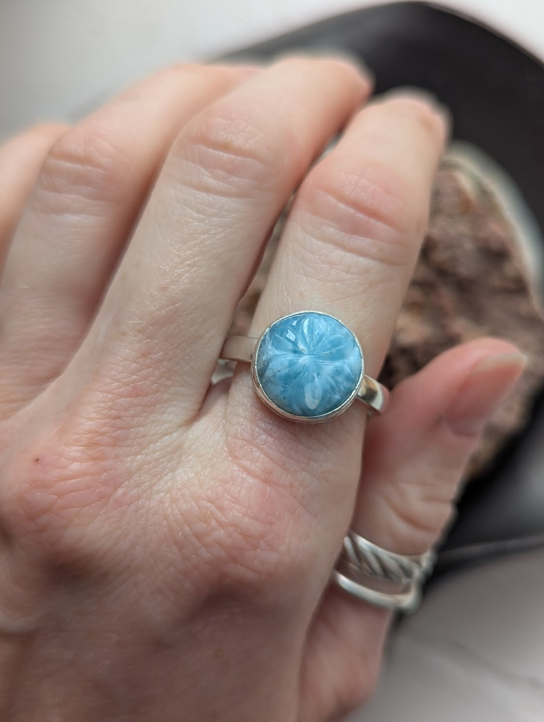 Carved Flower Larimar Round Sterling Silver Ring - Size 11