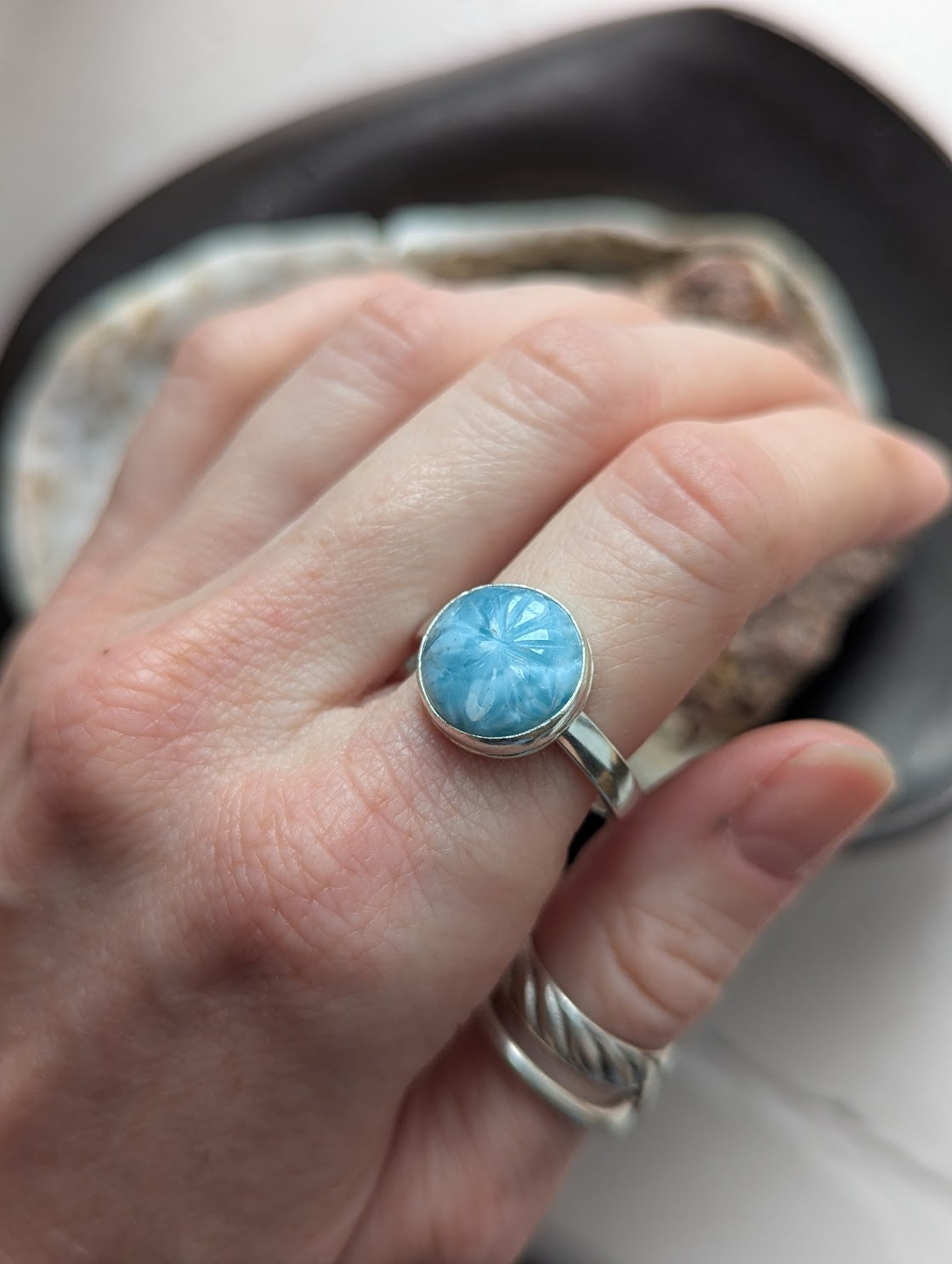 Carved Flower Larimar Round Sterling Silver Ring - Size 11