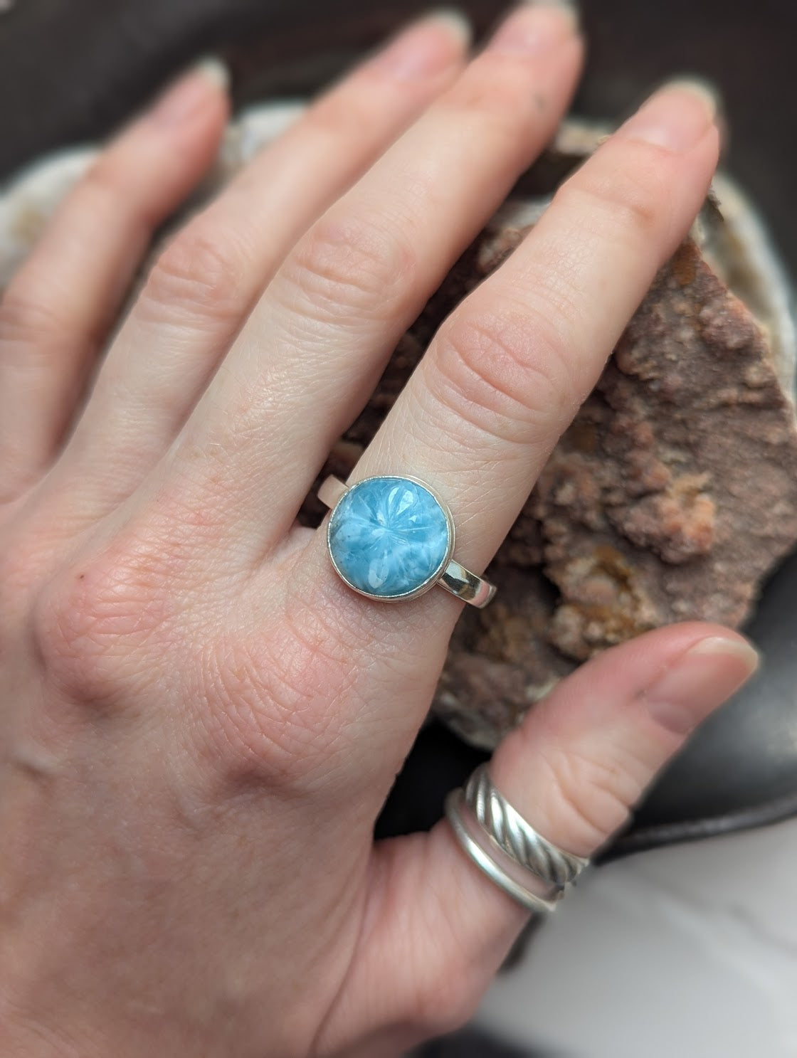 Carved Flower Larimar Round Sterling Silver Ring - Size 11
