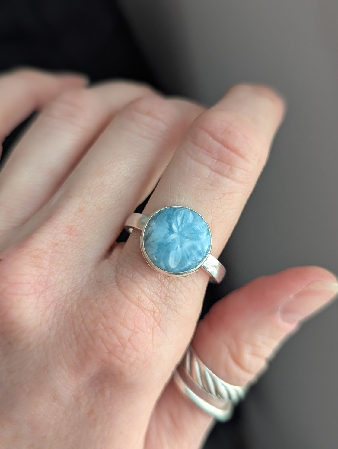 Carved Flower Larimar Round Sterling Silver Ring - Size 11