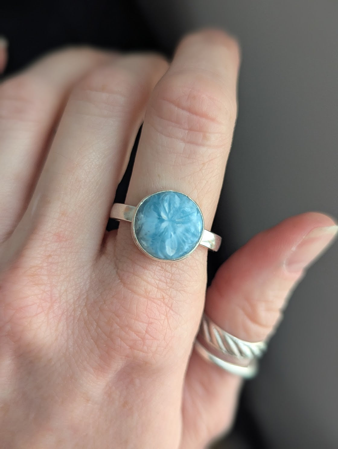Carved Flower Larimar Round Sterling Silver Ring - Size 11