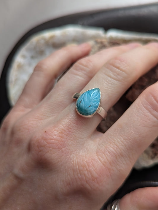 Carved Leafy Larimar Sterling Silver Ring - Size 6.5