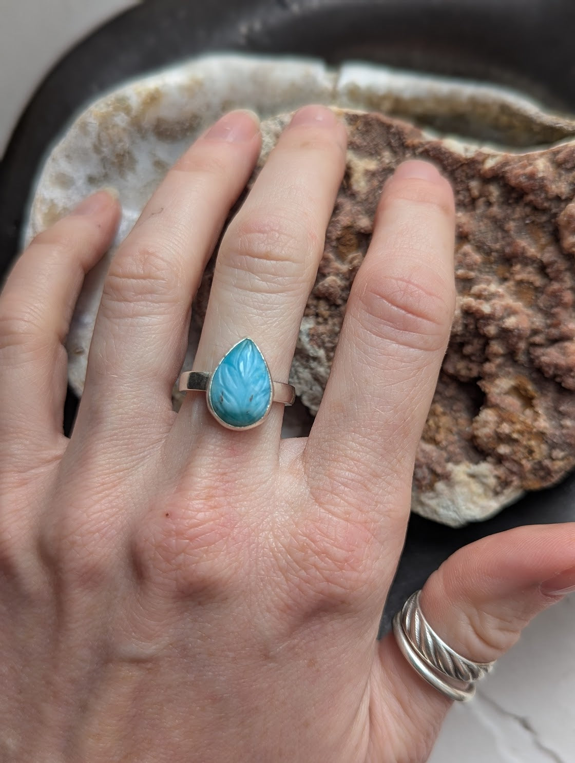 Carved Leafy Larimar Sterling Silver Ring - Size 6.5